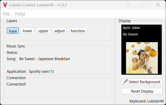 A keyboard connected to Lobster Control, with the display showing Be Sweet By Japanese Breakfast.